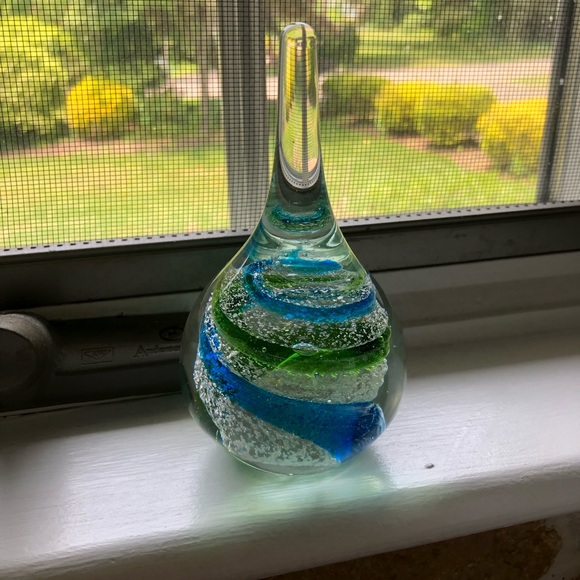 Two's Company Other - Art Glass Teardrop Clear with Blue & Green Swirl Ring Holder  4 3/4” Tall